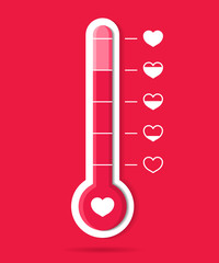 Thermometer of love in heart. Meter of temperature icon. Happy goal in romance. Hot weather. Barometer with scale for health body. Gauge with level good emotion in Valentine day. Hot customer. Vector