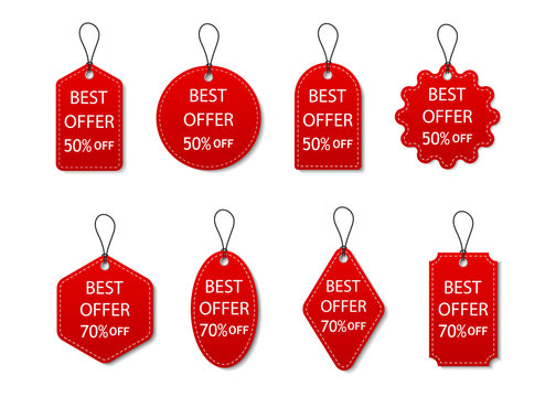 Tag of sale. Red label of discount and price. Design promotion banner. Set ribbon of best offer. Special sticker, badge and coupon for retail. Vintage icon for present, shop, pricetag. Vector