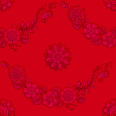 Wall Mural - Eastern ethnic style compositions, mehendi, traditional indian henna floral ornament. Seamless pattern, background. Vector illustration in red.