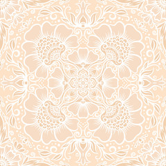 Wall Mural - Eastern ethnic motif, traditional indian white henna ornament. Seamless pattern, background in beige colors. Vector illustration.