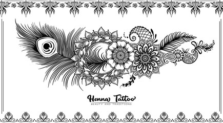 Poster - Template design with traditional indian henna tattoo with peacock feather. Template for wedding invitation, greeting card, banner, gift voucher, label. Outline vector illustration..