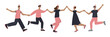 © Lelene - Happy Birthday people jumping and dancing at party illustration. Simple flat woman man character vector postcard cartoon style. Person festive scene celebration cute picture clip art graphic element.