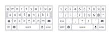 Mobile Phone Keyboard Mockup, Qwerty Keypad Alphabet Buttons And Numbers In Modern Flat Style, Mobile Phone Tab Concept For Text App In Light Mode, Vector Illustration. Social Media Panel For Devices.