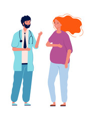 Wall Mural - Doctor consulting young woman. Pregnant female talk with man nurse. Isolated flat hospital staff and patient vector character. Doctor and woman, hospital medical specialist illustration