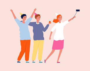 Sticker - Friends selfie. Party time, smiling people with drinks. Woman and men making photo together vector illustration. Selfie people party, photo together celebration