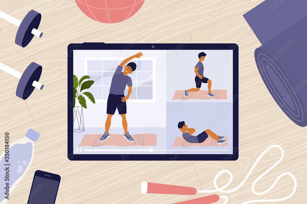 Home gym. Online workout classes on tablet. Sport blog, vlog channel. Virtual instructor showing exercises. Fitness equipment. Physical activity, keeping fit and healthy lifestyle vector illustration - obrazy, fototapety, plakaty 
