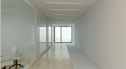 Wall Mural - The corridor in modern office with conference rooms and large blank wall against. 3d rendering