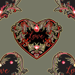 seamless pattern with mbroidered love heart-shaped patch with a floral pattern in vintage style with