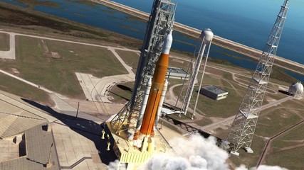 Wall Mural - big heavy rocket (space launch system) launch from launchpad at cape canaveral. full 3d animation. 4