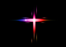 Cross Of Light, Shiny Colorful Laser Cross Symbol Of Christianity. Neon Style Sign. Symbol Of Hope And Faith. Vector Illustration Isolated On Black Background
