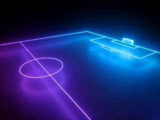 3d render, virtual neon football playground, soccer field gate perspective angle view, sportive game