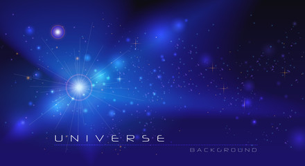 Vector abstract of cosmos. Illustration night sky, Cosmic Galaxy background with nebula, stardust and bright, light shining stars. Dark blue color of universe background for your design.