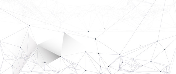Vector illustration molecule, connected lines with dots and polygon shape on white color background. Abstract internet network connection design. Digital data,science and futuristic technology concept