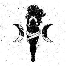 Beautiful Pregnant Woman Figure, Symbol Of Triple Goddess, Moon Phases. Hekate, Mythology, Wicca, Witchcraft. Vector Illustration