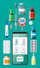 Wall Mural - Mobile phone with internet pharmacy shopping app. Set of pills drugs. Medical assistance, help, support online. Health care application on smartphone. Vector illustration in flat style