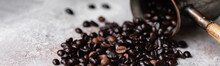 Aromatic Roasted Coffee Beans Spill Out Of Vintage Metal Turk. Concept Of Coffeemania, Morning Ritual, Delicious And Stroung Drink. Close Up, Macro, Front View. Banner