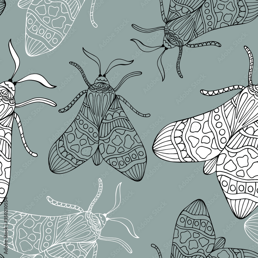 Hand drawn decorative vector background of moths. Doodle style ...