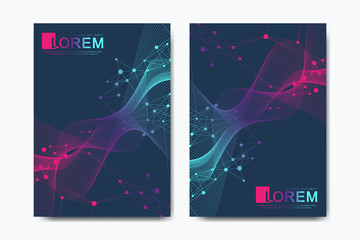 Aufkleber - Modern vector template for brochure, leaflet, flyer, cover, catalog in A4 size. DNA helix, DNA strand, molecule or atom, neurons. Abstract structure for Science or medical background