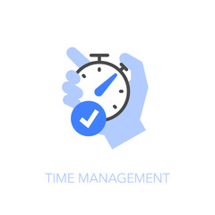Poster - Time management symbol with a human hand holding a stopwatch and check mark. Easy to use for your website or presentation.