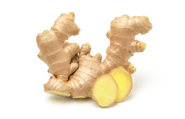 Fresh ginger root and sliced  isolated on white background.