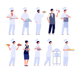 Sticker - Restaurant team. Food specialist, flat chef and waiter. Isolated cafe manager, friendly staff. Male female cooking, kitchen workers vector set. Illustration professional restaurant, chef and staff