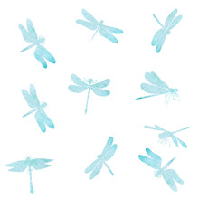 Vector, White Background, Blue Watercolor Dragonfly Silhouette Fly
