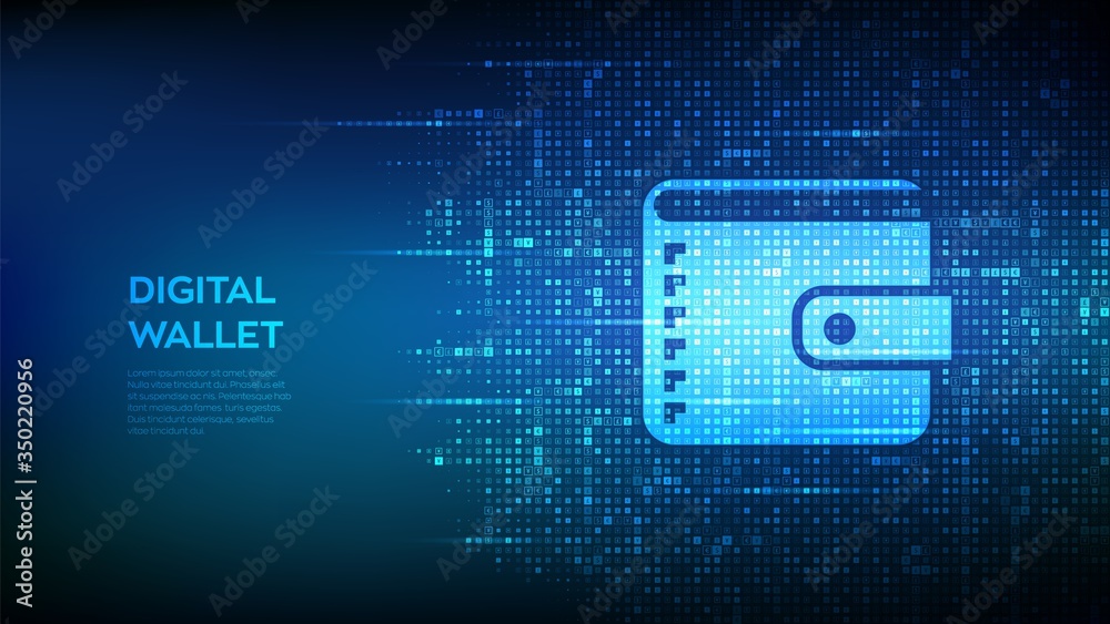 Digital wallet. Wallet icon made with currency symbols. Mobile banking, online finance, e-commerce banner. Dollar, euro, yen and pound icons. Background with currency signs. Vector illustration.