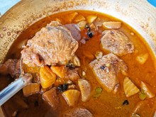 Massaman Curry Chicken In Brass Wok. Massaman Is World Famous And Well Known Thai Food.
