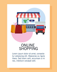 Poster - banner shopping online with laptop buying shirt and truck