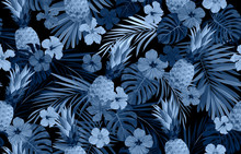 Seamless Hand Drawn Tropical Vector Pattern With Exotic Palm Leaves, Hibiscus Flowers, Pineapples And Various Plants On Dark Background.