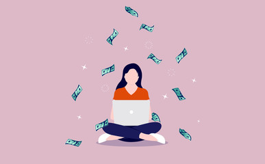 Leinwandbilder - Woman with laptop and money - Freelance girl earning money from online work. Influencer, investor, side hustle and remote work concept. Vector illustration.
