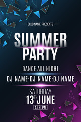 Poster - poster for summer party. polygonal shapes. club and dj name. purple and blue light effect. geometric