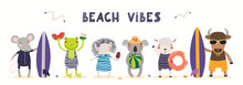 Hand Drawn Card, Banner With Cute Animals In Summer, Text Beach Vibes. Vector Illustration. Isolated On White. Scandinavian Style Flat Design. Concept For Kids Holidays Print, Invite, Poster.