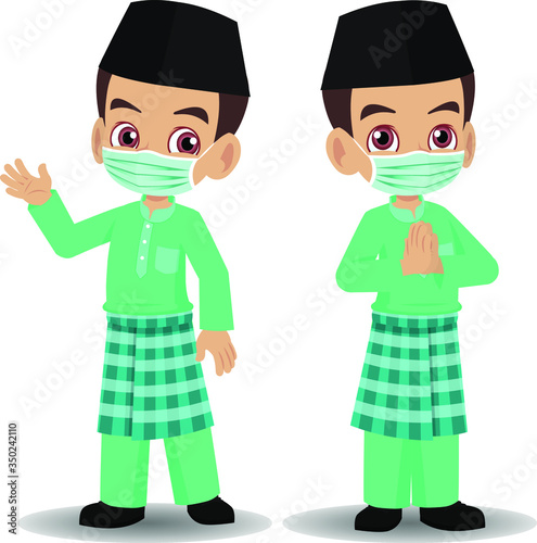 Malay Boy Celebrating Hari Raya Aidilfitri With Medical Mask Stock Vector Adobe Stock