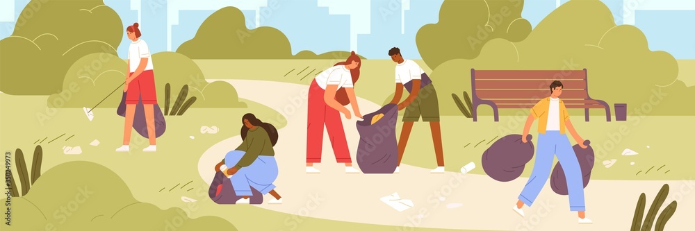 Cartoon man and woman volunteer cleaning garbage in park vector flat illustration. Colorful active people ecologists collecting rubbish together. Altruistic person clean up environment from waste - obrazy, fototapety, plakaty 