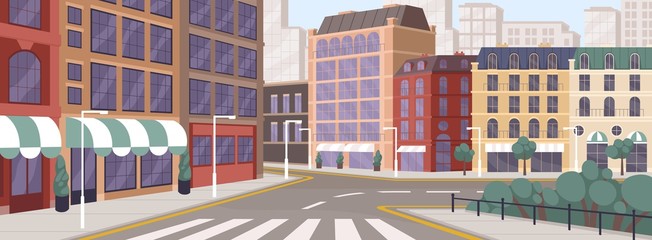Fototapete - Colorful street of modern European city vector graphic illustration. Architecture building exterior of downtown panoramic view. Colored megapolis cityscape. Central district with house facade