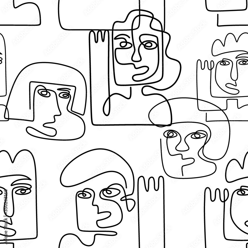 Abstract face seamless pattern. Continuous line, drawing of faces ...