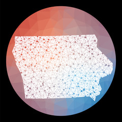 Vector network Iowa map. Map of the us state with low poly background. Rounded Iowa illustration in technology, internet, network, telecommunication concept style . Creative vector illustration.