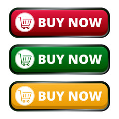 Canvas Print - Buy now sign in rounded rectangle shape with red, green and yellow color isolated on white background 