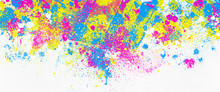 Neon Color Paint Splatter On White Background, Abstract Image