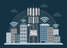 Innovative Smart City With 5G Base Station Mast On Dark Background, Flat Vector Illustration Of Cellular Equipment And Mobile Data Towers, Telecommunication Antennas And Signal.