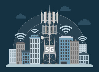 Wall Mural - Innovative smart city with 5G base station mast on dark background, flat vector illustration of cellular equipment and mobile data towers, telecommunication antennas and signal.