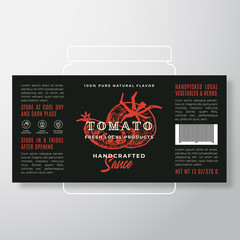 Wall Mural - Handcrafted Vegetables and Herbs Sauce Label Template. Abstract Vector Packaging Design Layout. Modern Typography Banner with Hand Drawn Tomato with a Slice Silhouette Background.