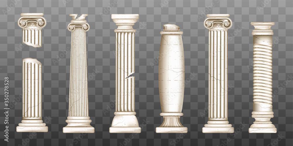 Ancient roman columns, marble baroque architecture. Vector realistic old broken antique greek pillars with capitals in doric, corinthian, ionic and tuscan style isolated on transparent background - obrazy, fototapety, plakaty 