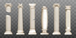 Ancient roman columns, marble baroque architecture. Vector realistic old broken antique greek pillars with capitals in doric, corinthian, ionic and tuscan style isolated on transparent background