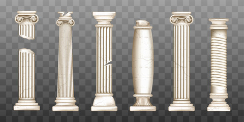 Wall Mural - Ancient roman columns, marble baroque architecture. Vector realistic old broken antique greek pillars with capitals in doric, corinthian, ionic and tuscan style isolated on transparent background