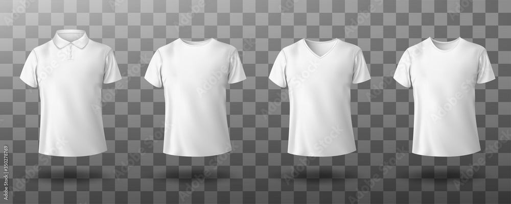 Men white polo and t-shirt round crew, v-neck front view. Vector realistic mockup of male blank t-shirt with collar and short sleeves, sport or casual apparel isolated on transparent background - obrazy, fototapety, plakaty 