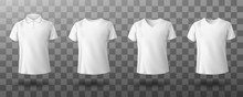 Men White Polo And T-shirt Round Crew, V-neck Front View. Vector Realistic Mockup Of Male Blank T-shirt With Collar And Short Sleeves, Sport Or Casual Apparel Isolated On Transparent Background