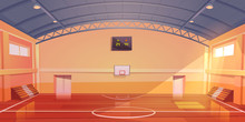 Basketball Court Interior, Sports Arena Or Hall For Team Games With Hoop, Wooden Floor, Scoreboard And Empty Fan Sector Seats. Indoor Stadium Illuminated With Sunlight, Cartoon Vector Illustration