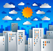 © Sylverarts - Cityscape cartoon vector illustration in paper cut kids application style, high city buildings real property houses and clouds in the sky.